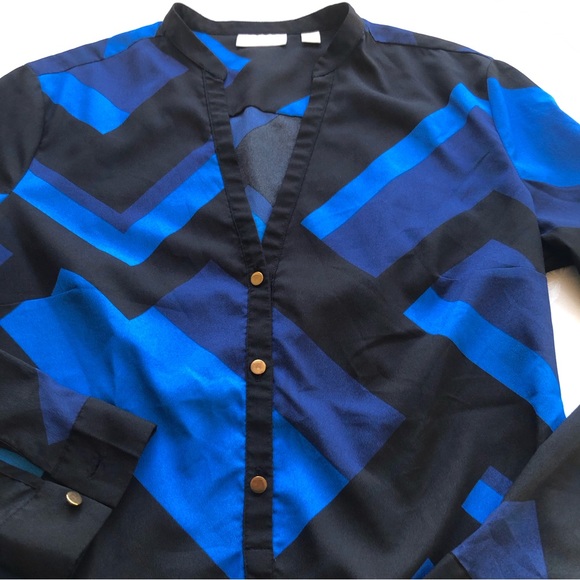 New York & Company Women’s Blue/Black Blouse Size M V-Neck Long Sleeves Shirt - Picture 13 of 16